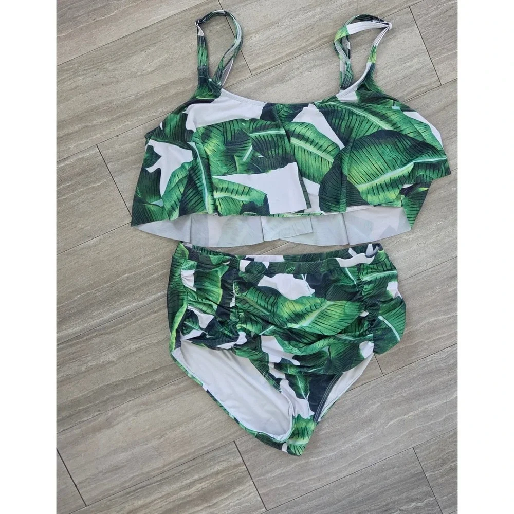 Avidlove Womens Plus Size XXXL Green Palm Leaf High Waisted Bikini Swimsuit Set